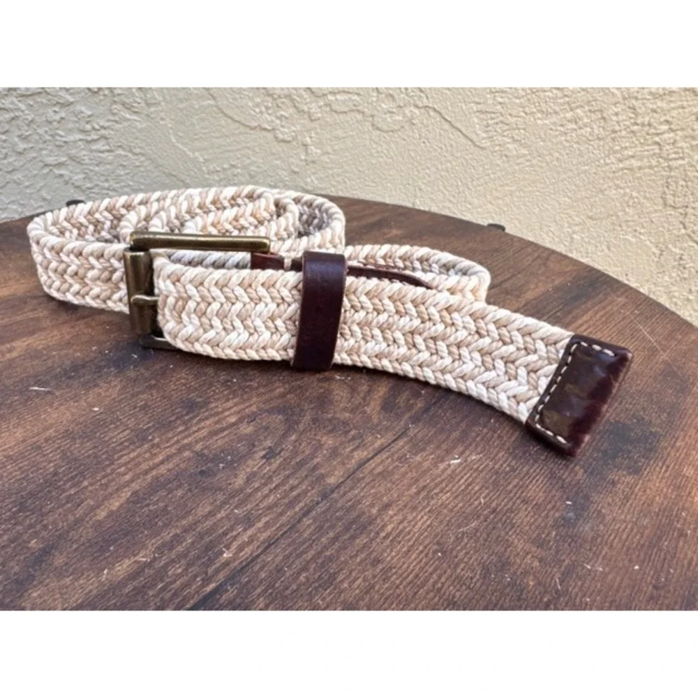 Fossil Mens Braided Tan Woven Leather Belt Nautical Preppy Heritage Classic